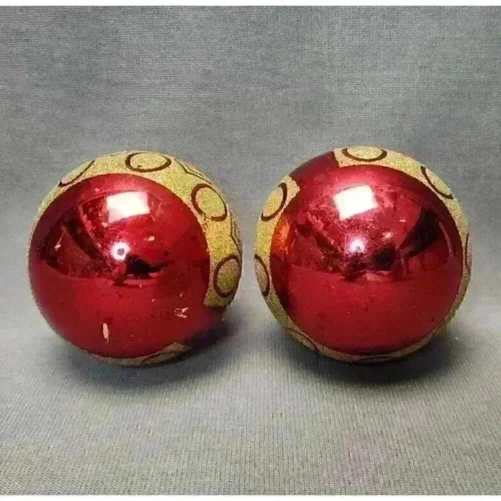 Vintage Rauch Red & Gold Glitter Mercury Glass 2.5" Ball Christmas Ornaments (2) - Picture 3 of 5